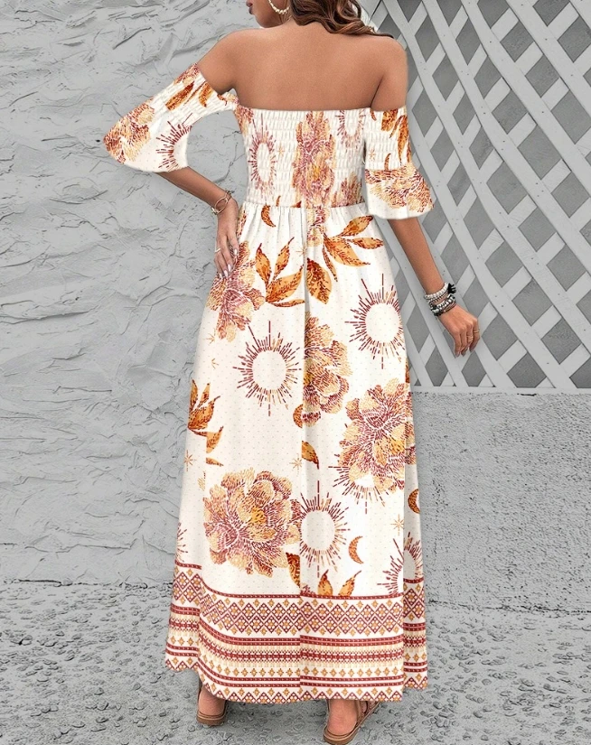 elegant women's loose dresses Tribal Print Off Shoulder Bell Sleeve Side Split Vacation Maxi Dress for womem