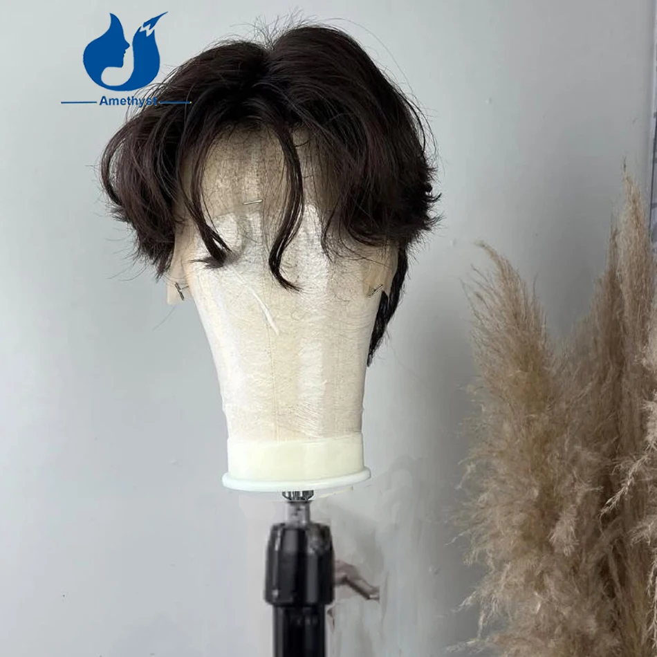 Amethyst Natural Human Hair Full Lace Wig for Men Short Cut with Layered Wolf Cut in Front Brazilian Remy Hair with Sideburns