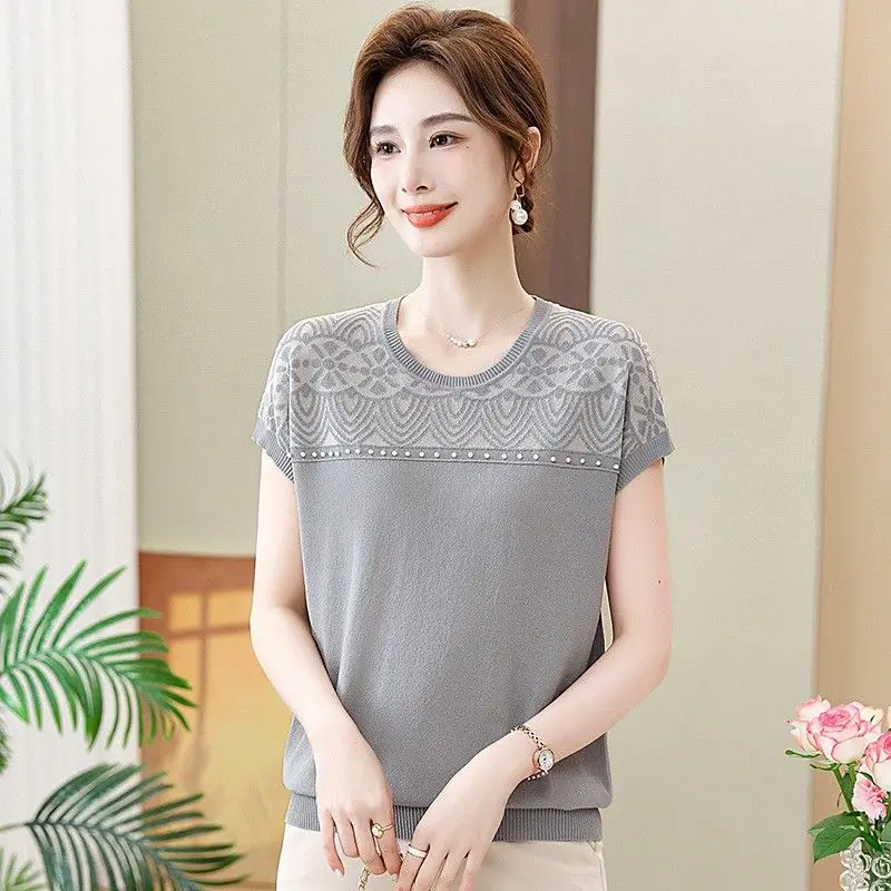 Summer New Ice Silk Short-sleeved T-shirt for Women Jacquard Round Neck Slim Loose Casual Western-style Wear Thin Top