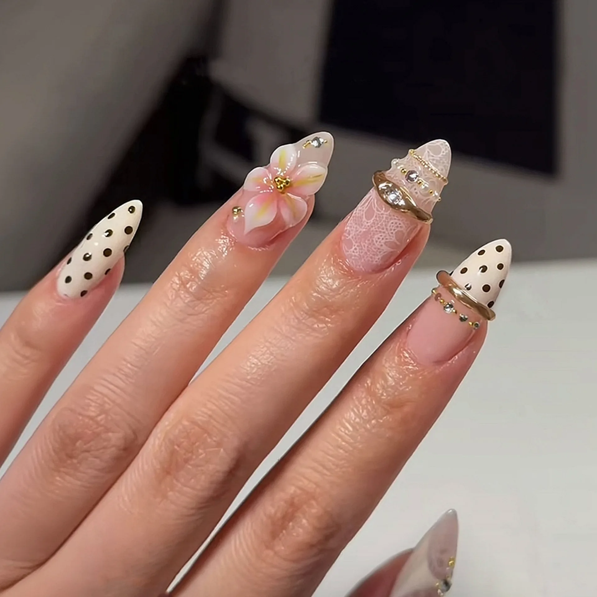 Nude pink fake nails for women embossed flowers with rhinestones metal beads pearls lace polka dots printing press on false nail