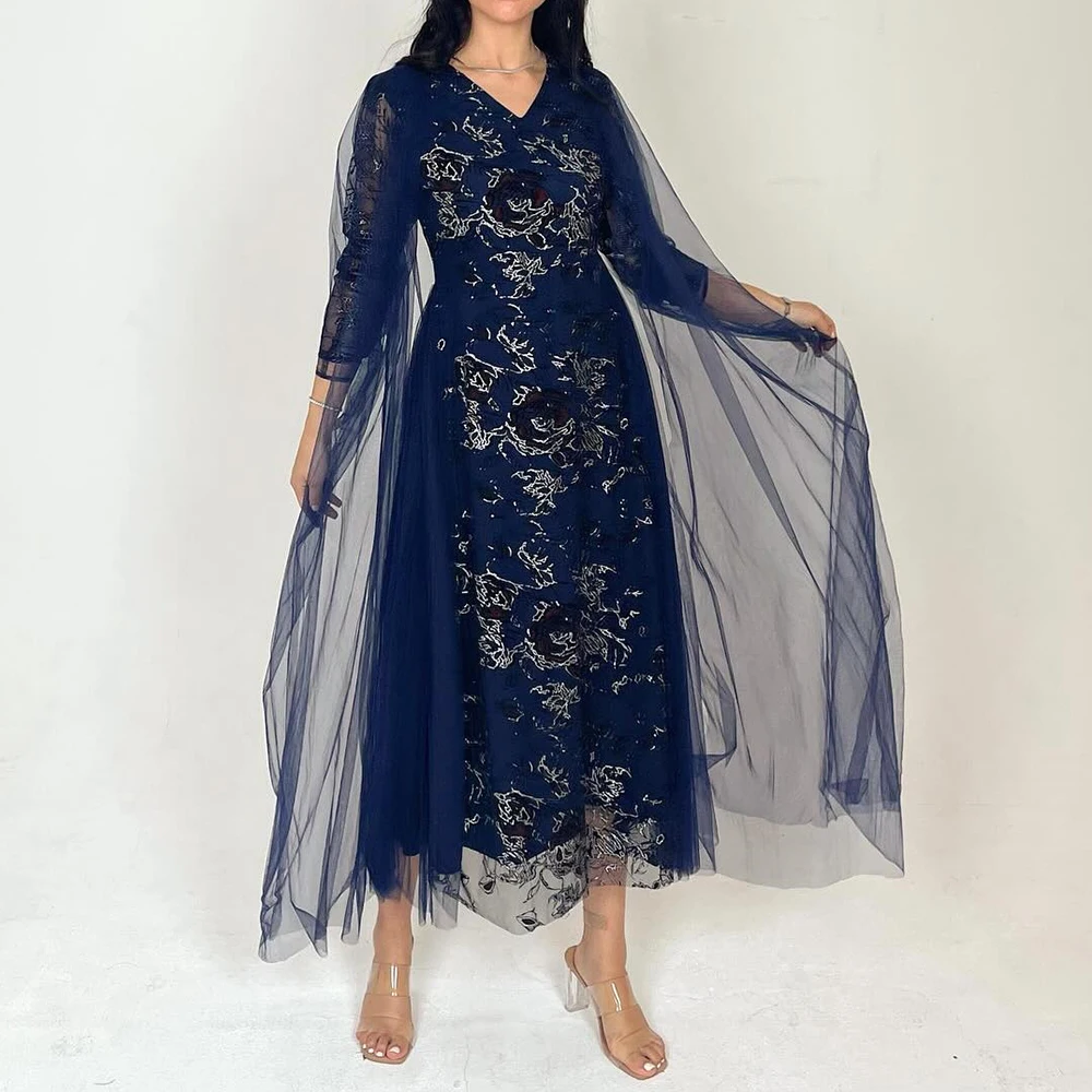 

Graceful Organza A-Line Flowers Evening Dress High Quality Ankle Length V-Neck Long Sleeves فساتين سهره نسائيه فخمة