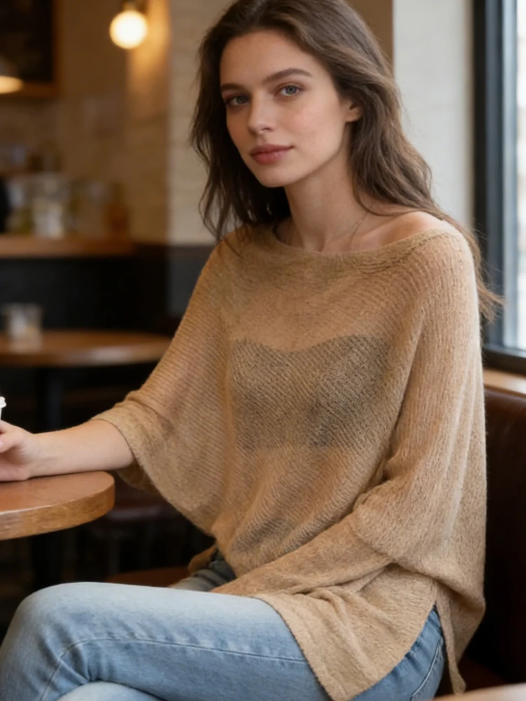 

Women's Sheer Knit Asymmetrical Cover Up Batwing Sleeve Off Shoulder Irregular Hem See Through Casual Summer Beach Top