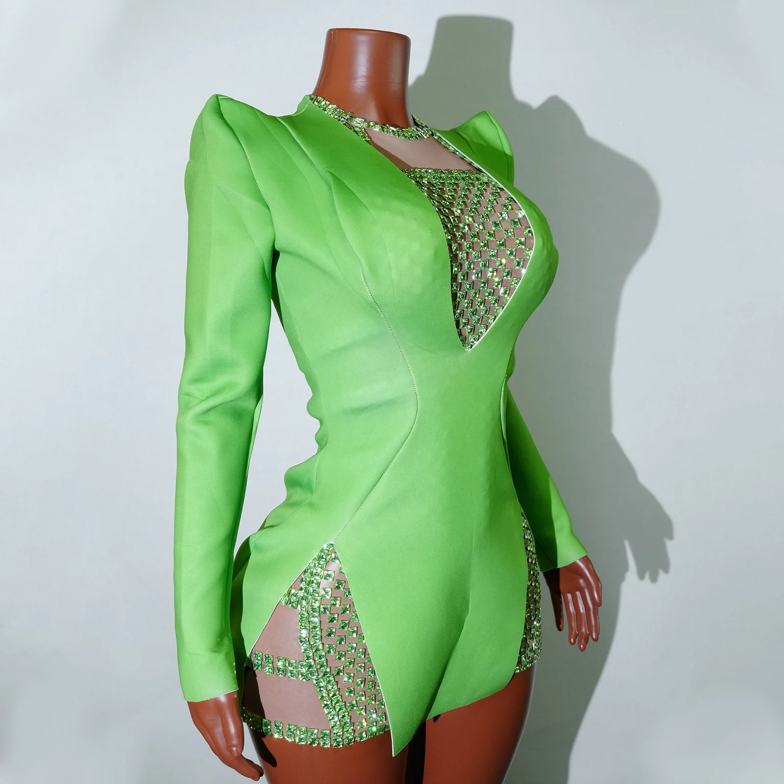 New Shiny Rhinestone Green Short Dress 2Pcs Set Skirt Mini Club Celebrity Runway Party  Birthday Prom Stage Show Queen Outfit