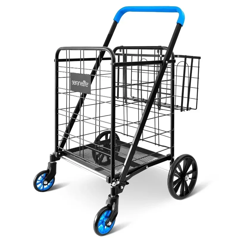 

SereneLife Shopping Supermarket Cart with 360 Rolling Swivel Wheels, Collapsible Design, Double Basket Compartment