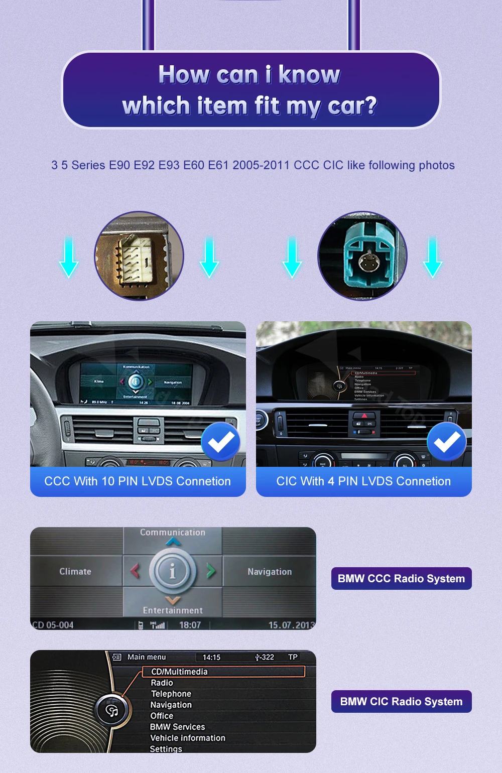 Road Top Wireless CarPlay Touchscreen für BMW 3er/5er Serie E90/E91/E92/E93 E60 E61 E62 CCC/CIC Multimedia Autoradio Android Auto – Detail 5