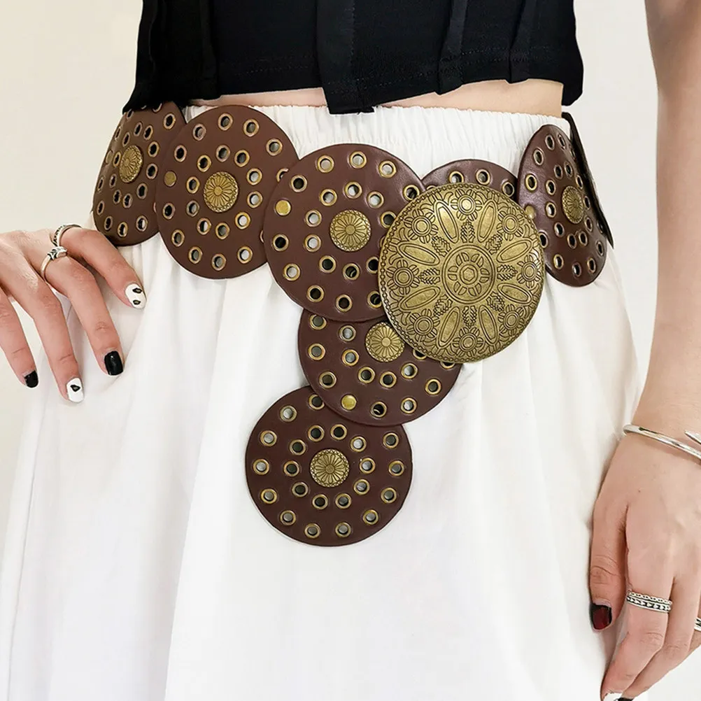 

Vintage Hollow Disc Belt Western Style Exaggerated Cowboy Wide PU Strap Metal Buckle Soft Belt for Women Dresses Jeans