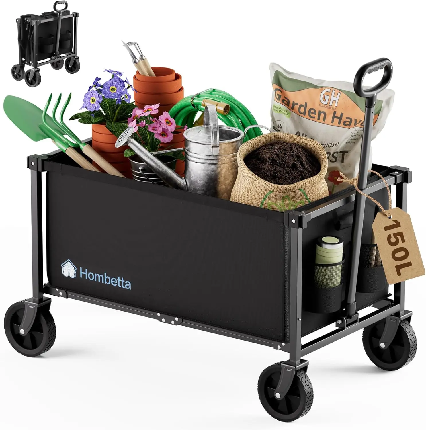 

Collapsible Wagon Cart with Wheels, 150L Lightweight Foldable Utility Cart, Portable Rolling Wagon