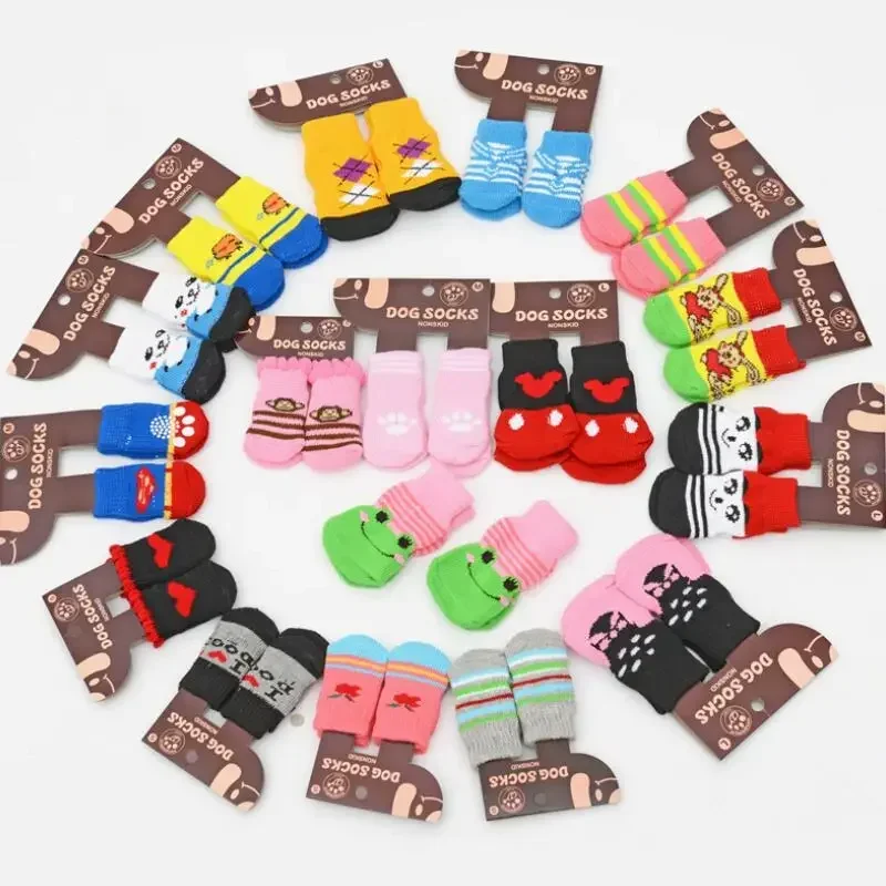 4Pcs Random Color Small Cat Puppy Knit Socks Pets Warm Anti-Slip Skid Bottom Socks