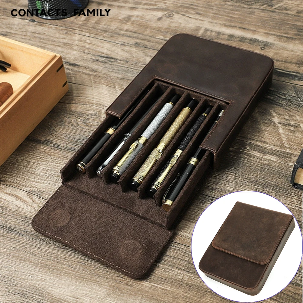 2/3/6/12 Slots Handmade Crazy Horse Leather Pencil Case, Drawer Style Pen Storage Box Desktop Stationery Organizer for Office
