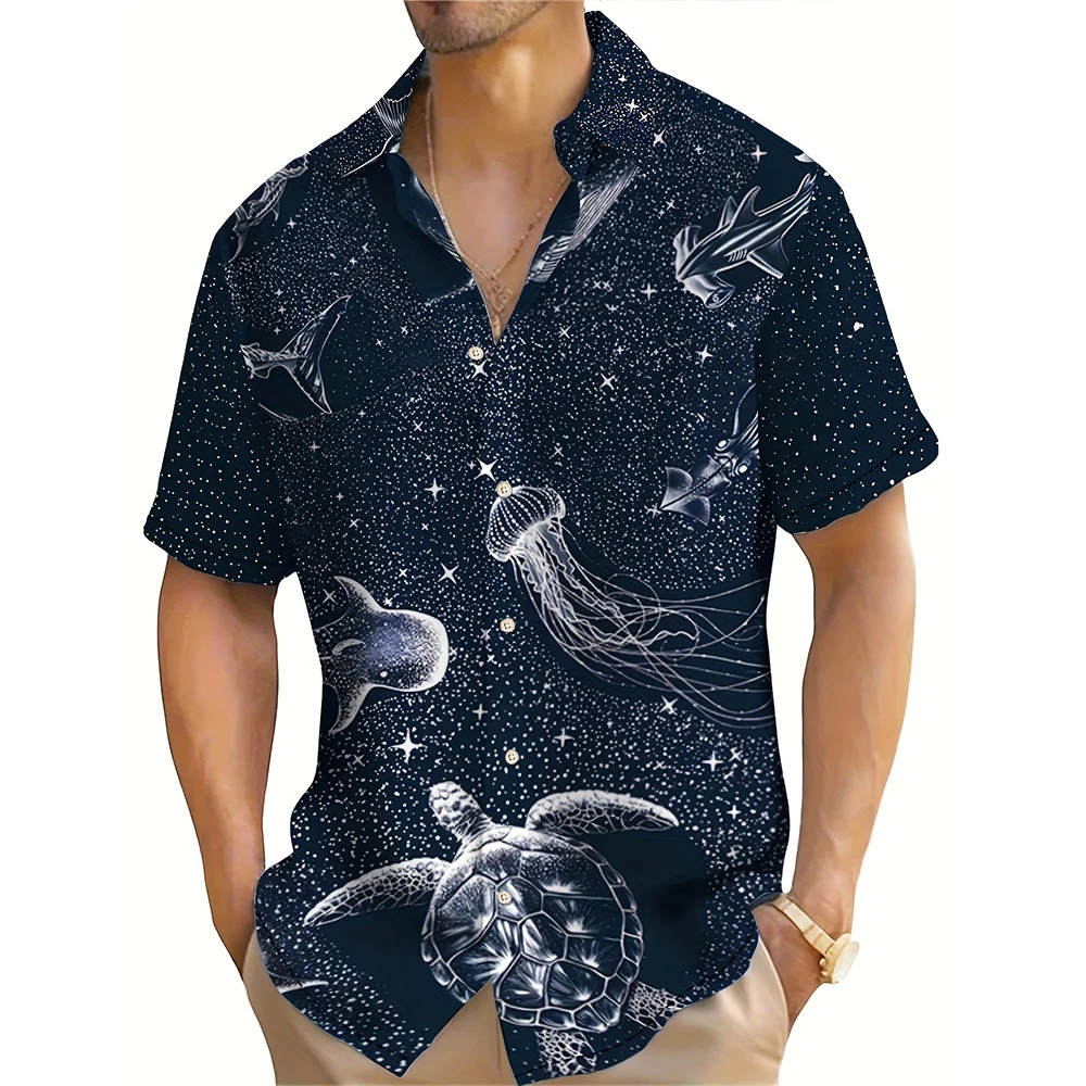 Summer Fashion Men\'s Casual Short Sleeve Shirt Ocean Animal Print Casual Daily Wear Oversized Tops