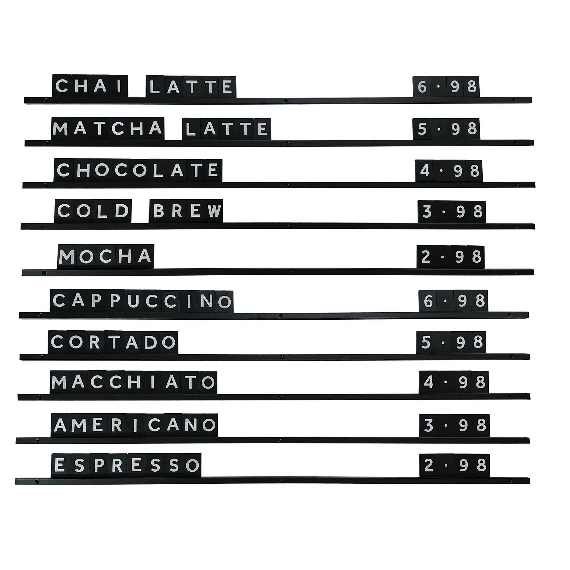 Coffee Bar, Cafe Menu Wall Mounted Changeable Wooden Letter Menu Board Letter Display & Rail Kit (Black Tiles, Kraft Boxes)