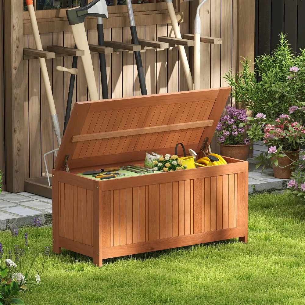 Caja de cubierta de madera de 58 galones con tapa abatible, acabado en aceite de teca, suministros para piscina, cojines