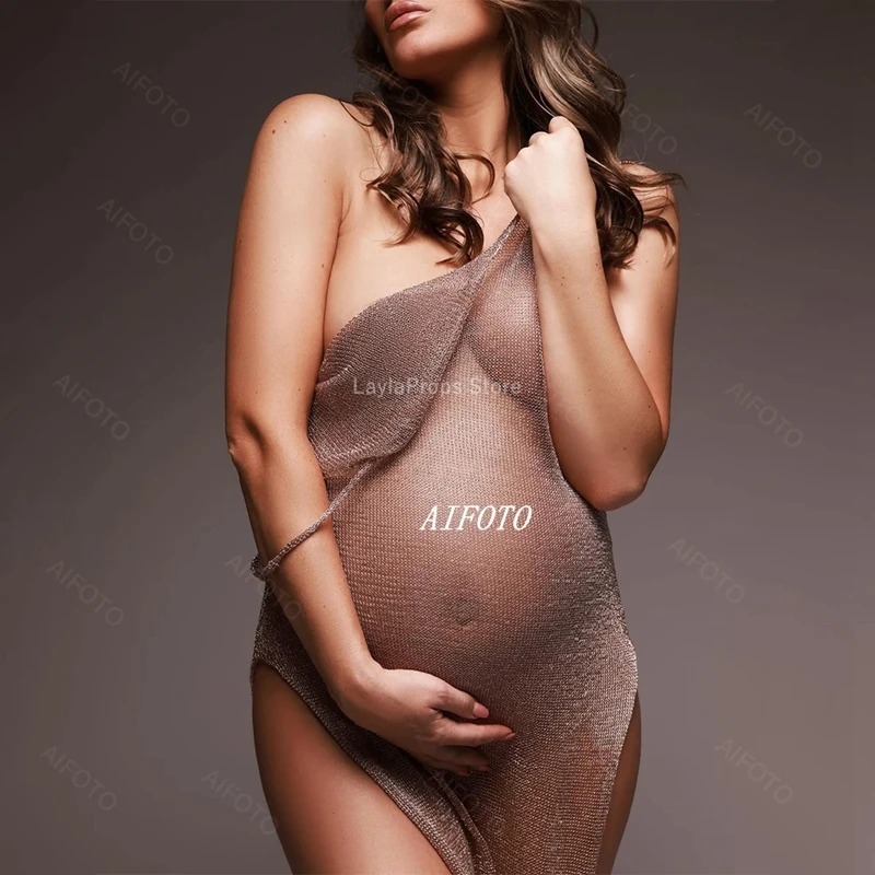 Umstandskleid für Fotografie, freie Größe, tiefer V-Ausschnitt, goldfarbenes Strick-Robe-Kleid für Damen, Schwangerschaft, Fotoshooting, Requisiten, Kleidung