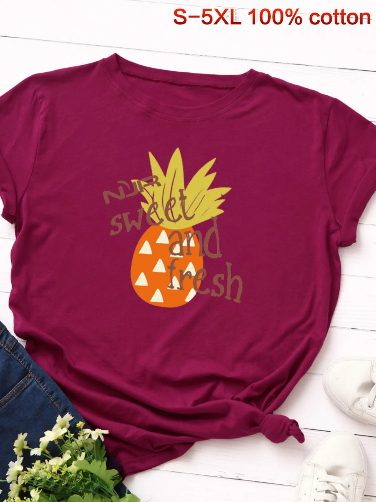 T-shirt da donna in puro cotone di grandi dimensioni Divertimento creativo Stampa di pino Street Sle Loose Fit rotondo Ne ort Sve Top