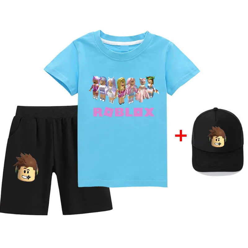 

Three-piece Set New Roblox Game Peripherals, Two-dimensional Casual Suits, Boys and Girls Children's T-shirts and Shorts + Hats