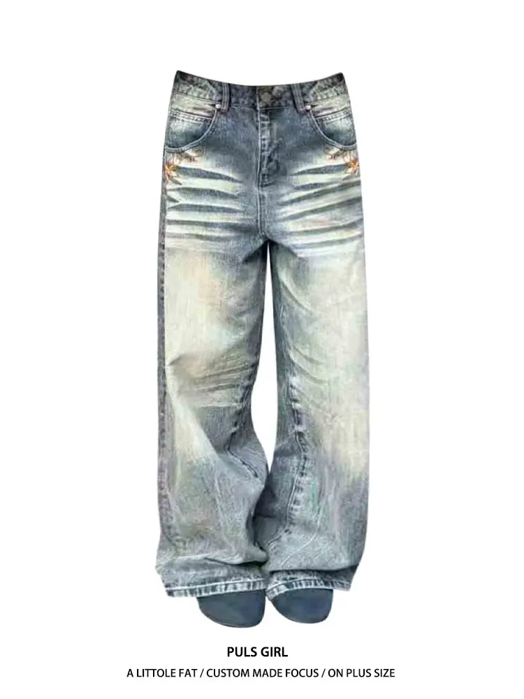 

Retro American Large Size Women's Jeans High Waist Embroidered Washed out Wide Leg Loose Fit Casual Trousers