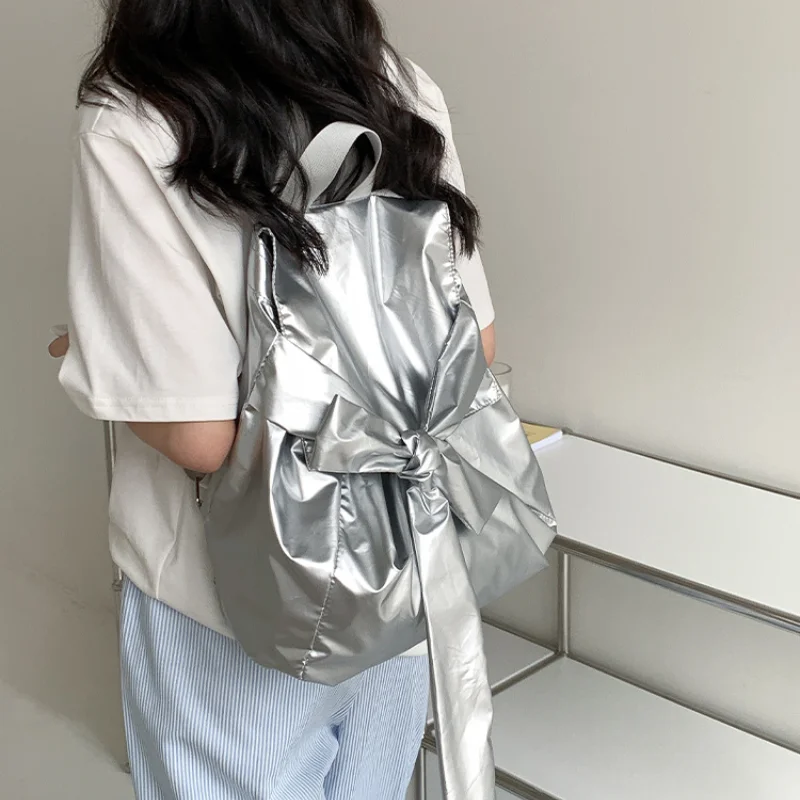 

Fresh Bow Fashion Backpack Elegant Women Summer Ruched Nylon Shoulder Bag Large Capacity Casual Versatile Student Outdoor Bag