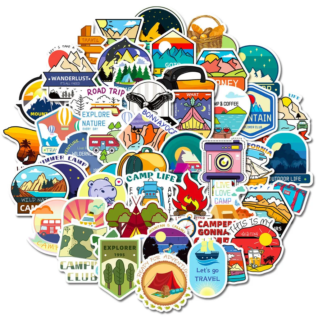50개 야외 캠핑 및 탐험 방수 그래피티 스티커 헬멧 자전거 핸드 어카운트용 블링블링스티커스 스토어