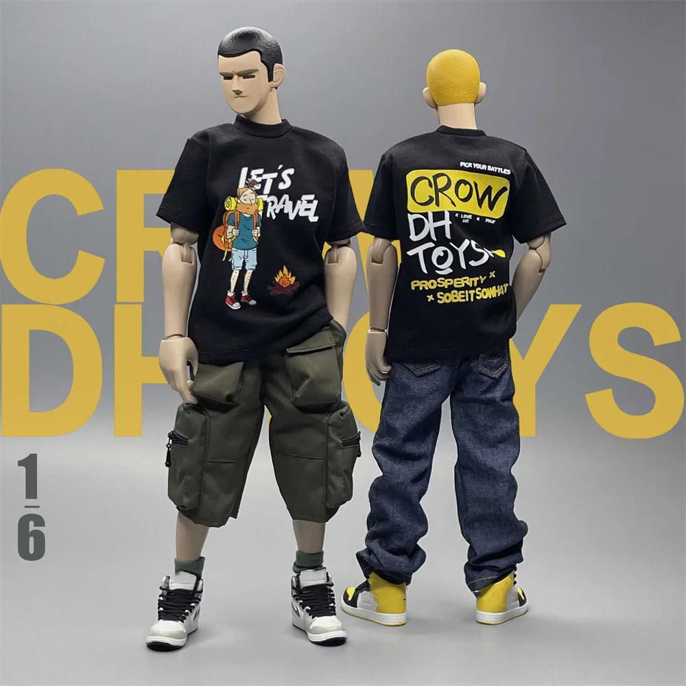 CROW DH TOYS 1/6 Scale Male Soldier Trendy Pullover T-shirt Casual Loose Printed Short Sleeves Top Tee for 12