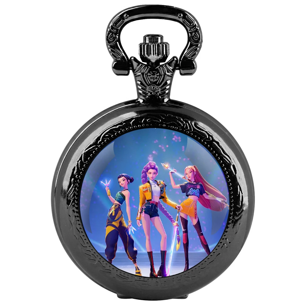 K-Pop: Demon Hunters Glass-Dome Quartz Pocket Watch Arabic Dial Chain Spooky Halloween Gift for All