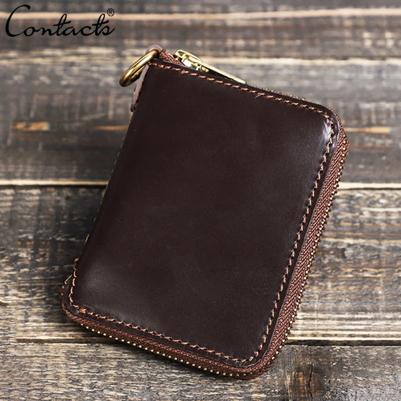 Genuine Leather Men Mini Wallet AirTag Case Card Holder Small Male Purse YKK Zipper Around Coin Pocket