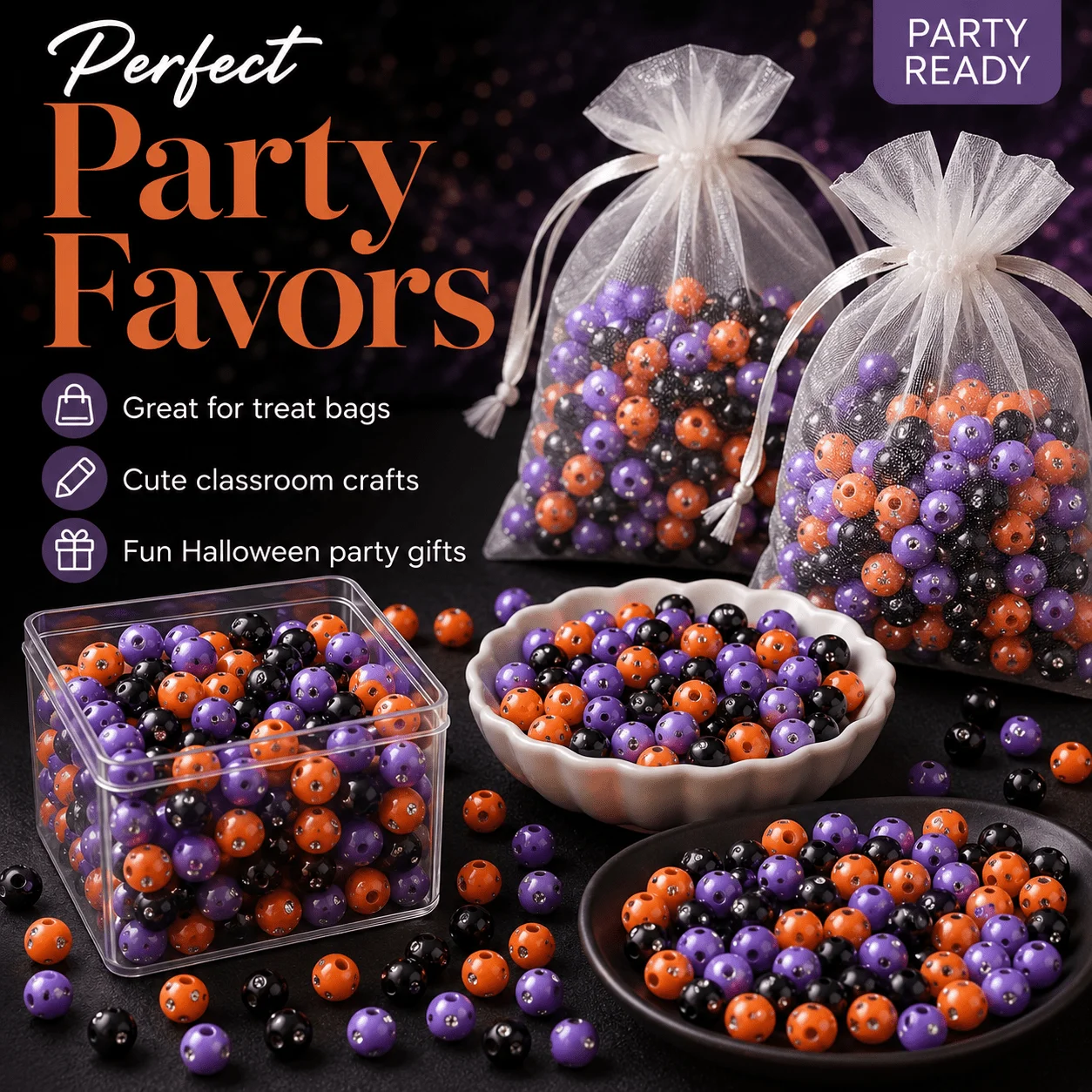 iYOE 50-500 piezas de cuentas de diamantes de imitación de 8mm para Halloween, color naranja, morado y negro, para hacer joyas, pulseras, collares, pendientes, manualidades, regalos