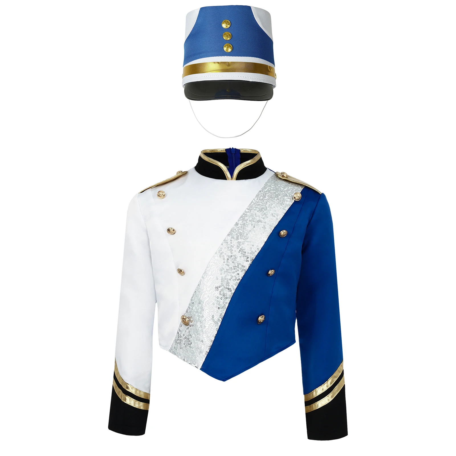 Kids Boys 2Pcs Marching Band Costume Metallic Sequins Drum Team Music Guard of Honor Jacket with Hat for Children School Stage