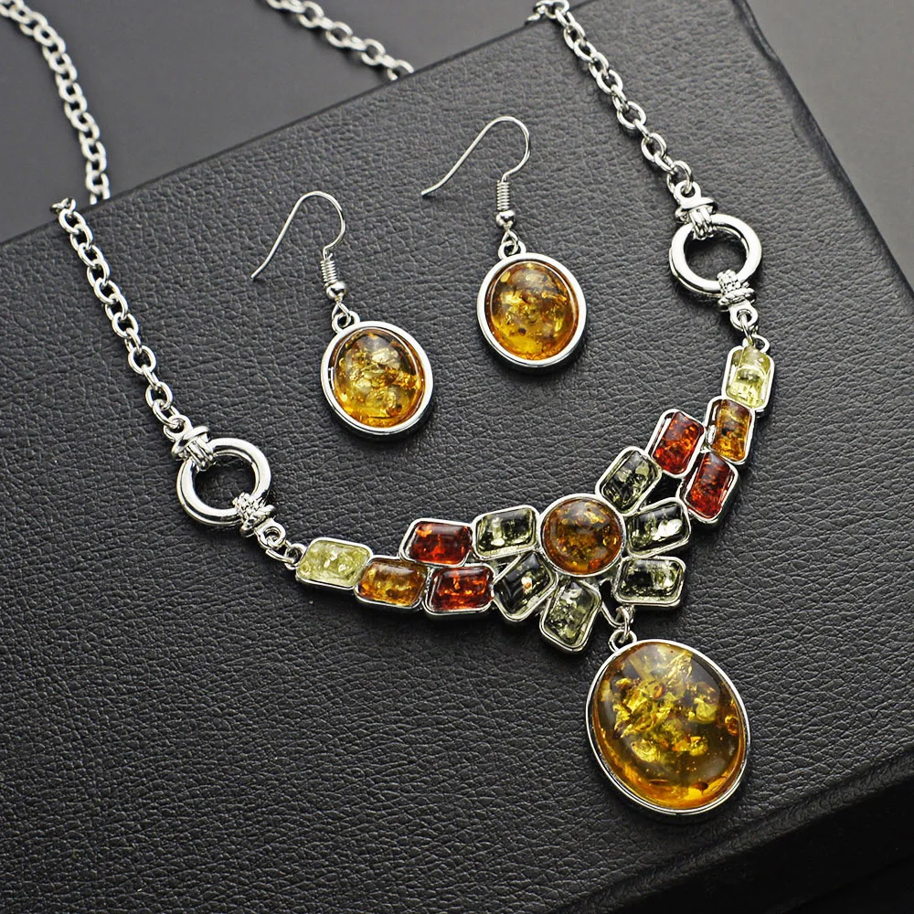 Elegant Chic Colorful Baltic Synthetic Dangle Earring Honey Pendant Necklaces Flower Wedding Jewelry Sets L41501D