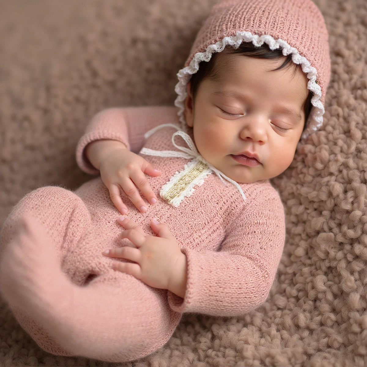 Ylsteed 2-teiliger Neugeborenen-Fotografie-Strampler, langärmelig, mit passender Pomp-Mütze, Baby-Outfits für Jungen und Mädchen zum Photoing-HD