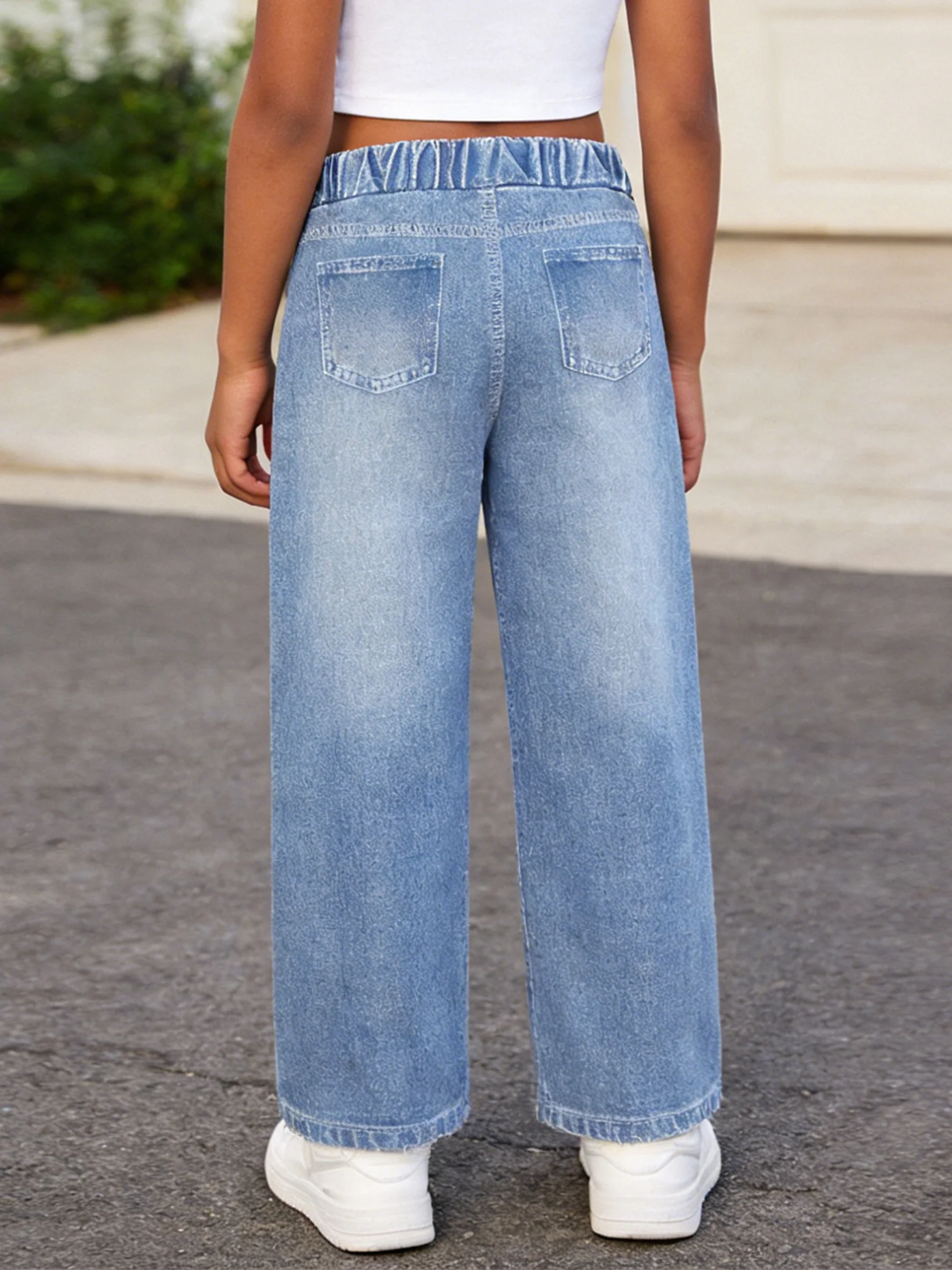 2026 children's light blue imitation denim wide-leg pants, old holes, graffiti style