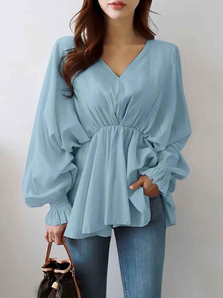 Stylish Ruffles OL Blouse Autumn Women Tops 2024 ZANZEA Elegant V Neck Long Flare Sleeve Shirt Fashion Solid Pleated Work Blusas