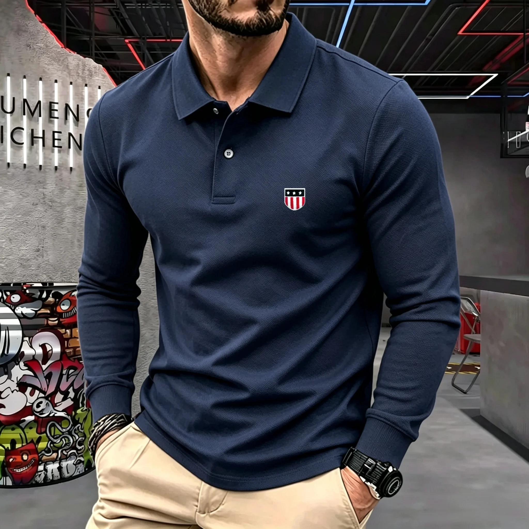 100% pure cotton high-end brand men's long sleeve polo shirt autumn winter fashionable luxury embroidery golf top casual T-shirt