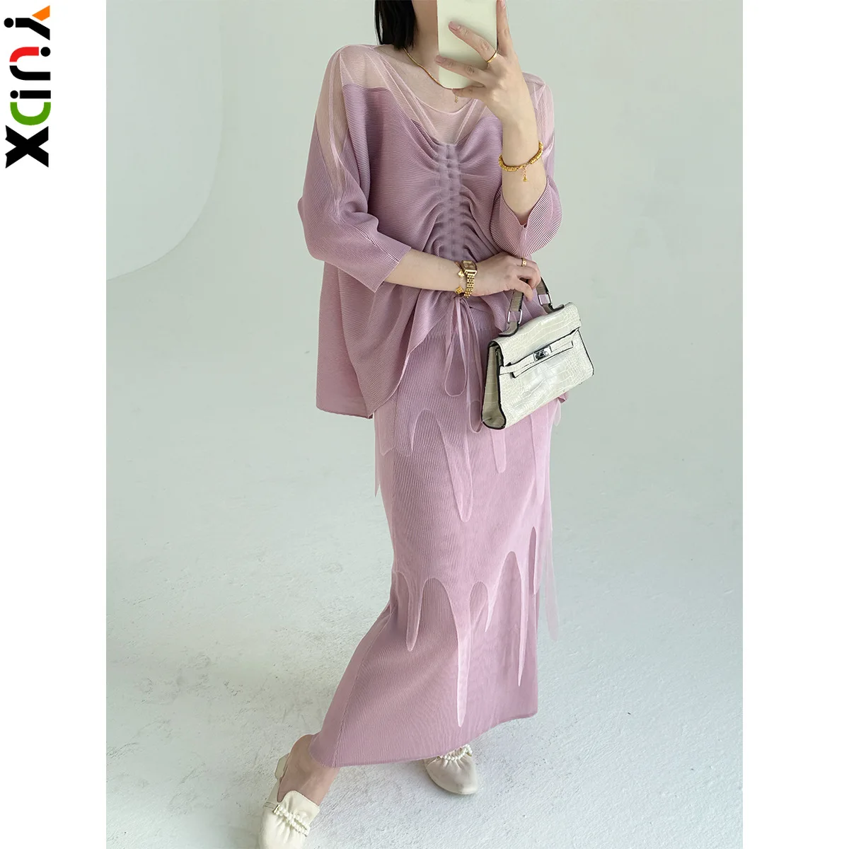 YUDX Delicate Mesh Ruched Two-Piece Set Sheer Flowy Miyake Pleated Lightweight Women's 2026 Spring Summer Loose Fit Chic Co-ords