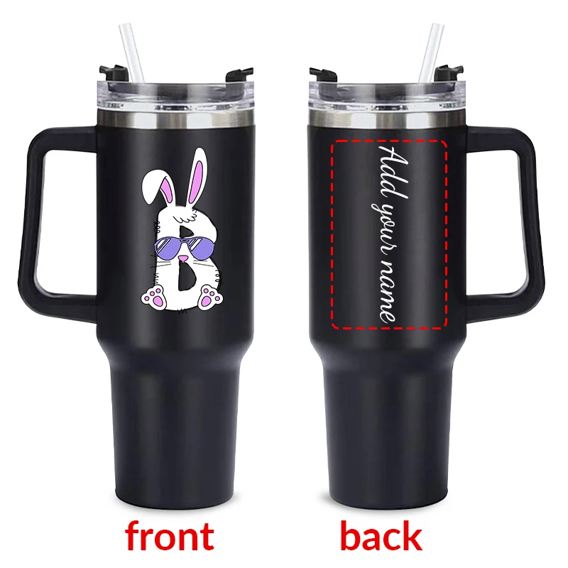 1pc 40oz Customized Name Stainless Black Water Tumbler with Handgrip Print Easter Bunny Hot Cold Insulated Festive Drink Cups