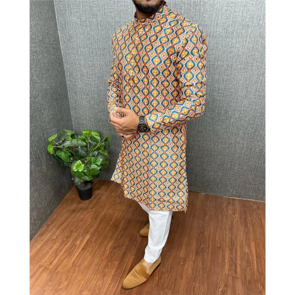 

Новый мужской воротник-стойка с цифровым принтом Kurta Vardha, обычный крой, длинный, подходит для всех случаев, таких свадьба, Hari Raya Aidilfitri