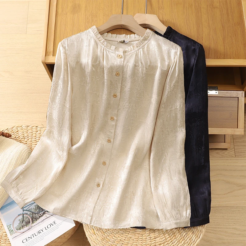 

Ele Long Sve Satin irt Women's Casual Base Layer Top round Ne Button Closure Polyester Cotton Blend Commute Sle