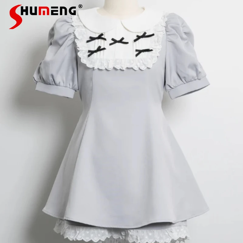 

Japanese Sweet Cute Clear Series Rojita Style Mass-Produced Bowknot Slim-Fit Short Sleeves Top Dress Shorts Set Women's Clothes
