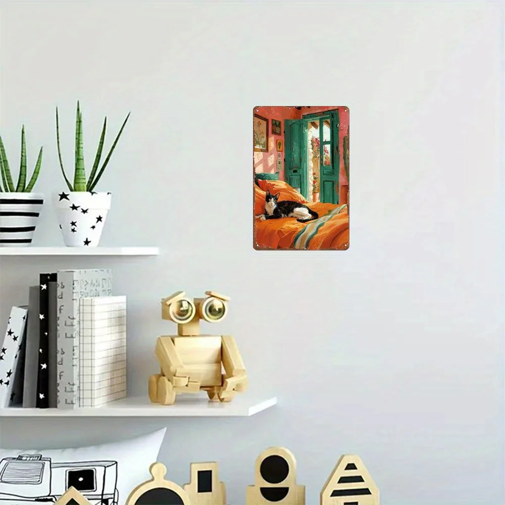 لافتة حائط معدنية عتيقة مقاس 8 × 12 بوصة - فن قطة غريب الأطوار، ديكور بوهيمي ملون للرجال الكهف والبار والمطبخ والمكتب