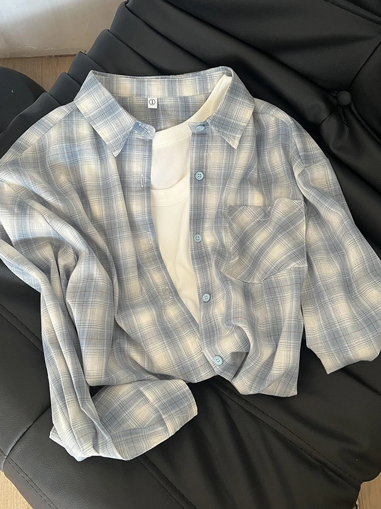 Azul xadrez preguiçoso sle feminino verão novo solto proteção solar irt outerwear casual camadas gola superior longo sve