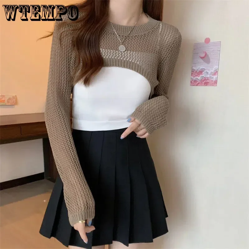 Hollow Thin Long-sleeved Shirt Women\'s Summer and Autumn Round Neck Short Knitted Blouse Drop Shipping Wholesale