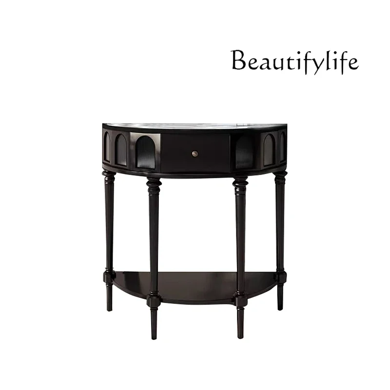 

Solid wood entrance cabinet, semi-round table, black checkerboard light luxury home decoration against the wall corridor