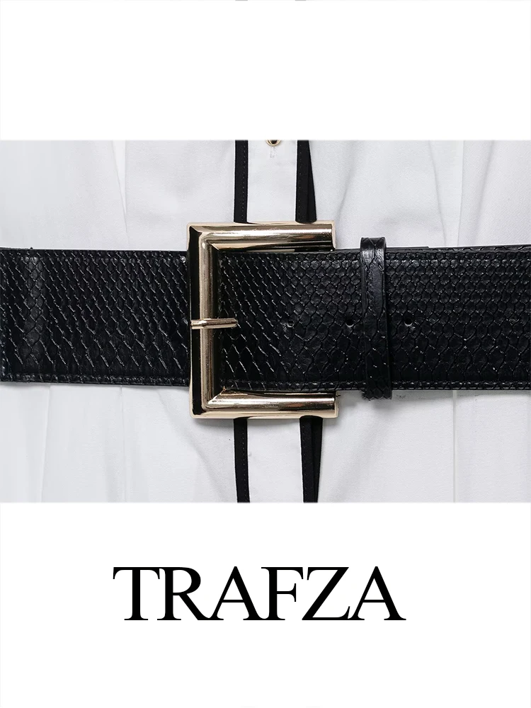 

TRAFZA Women's Fashion White Contrast Trim Poplin Slim Midi Dress Female Elegant V-neck Single Breasted High Street Casual Dress