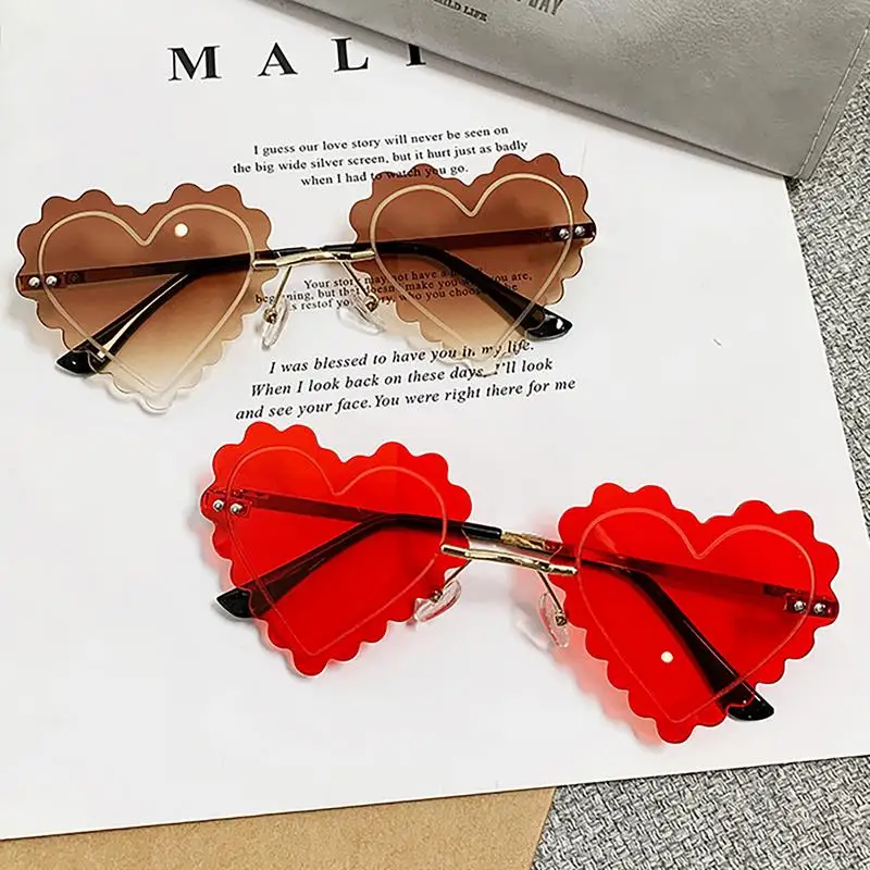 Heart Sun Glasses Cute Love Eyewear Funny Prom Party Accessories Rimless Cut-Edge Heart-Shaped Glasses for Women Men