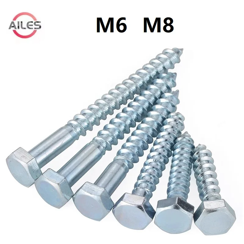 DIN571 M6 M8 White Zinc Plated External Hexagon Self Tapping Screws Full Tooth and Half Tooth Carbon Steel Wood Screw