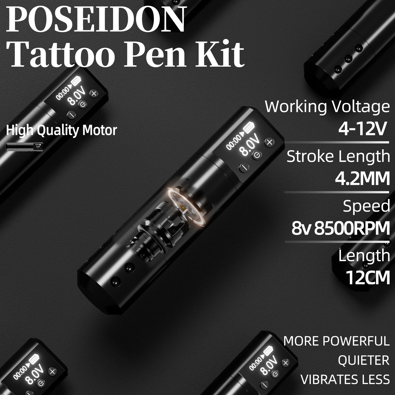 Tattoo Kit POSEIDON Black Cool Tattoo Pen Kit For Permanent Makeup Tattoo Machine Kit Wireless Tattoo Power Supply Tattoo Gun Ki