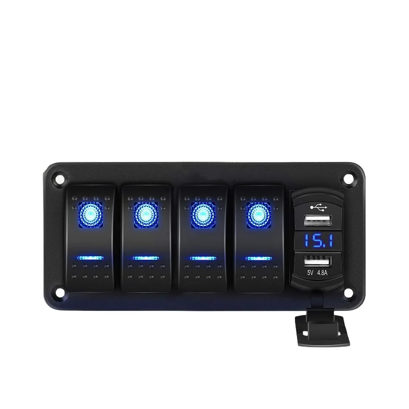 4-Position rocker switch panel with dual USB charger, suitable for car, truck, ship, ship type modification