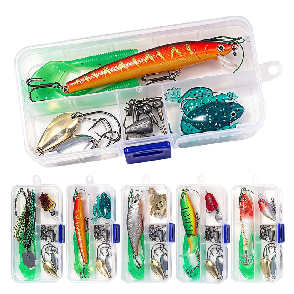 15-teiliges Profi-Angelköder-Set: Weiche Graswürmer, harte Minnows, Frosch- und Tintenfisch-Jigs, Metall-Löffelköder mit Drillingshaken für Barsch und Hecht