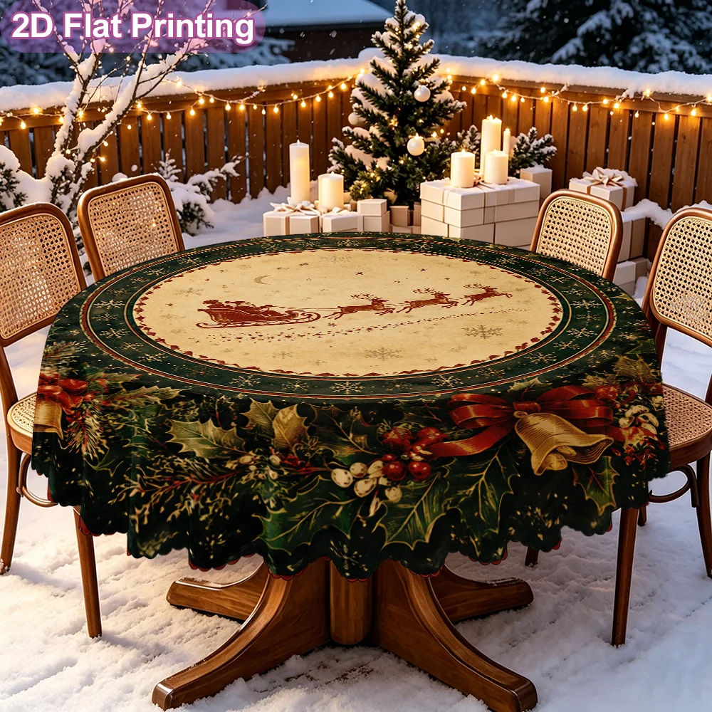 Santa Claus Sleigh Polar Bear Christmas Wreath Dinner Plate Printed Tablecloth