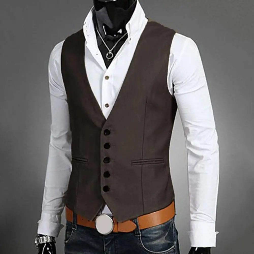 Formal Waistcoat Vest Business Solid Color Single Button Vest Men V Neck Button Pocket Sleeveless Slim Fit Casual Waistcoat