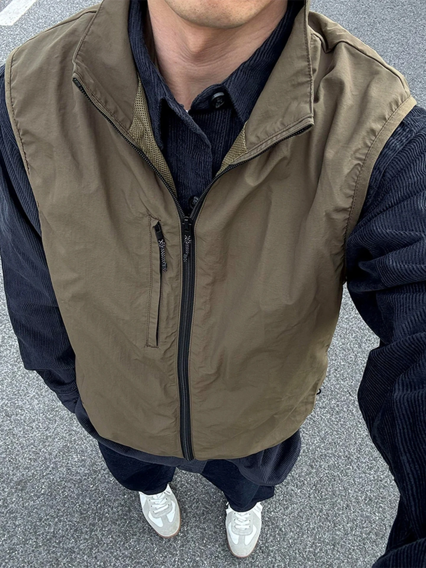 Khaki Outdoor Functional Vest American High Street Cool oulder Cleanfit Sports Tee-Proof Jaet Loose Fit Youth Faion